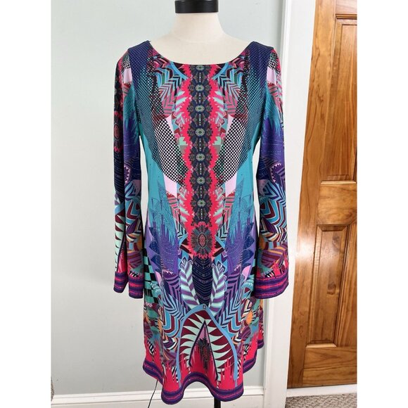 Hale Bob Dress Bold Peacock Art To Wear Geometric Flutter Sleeves SZ Med - Picture 1 of 8